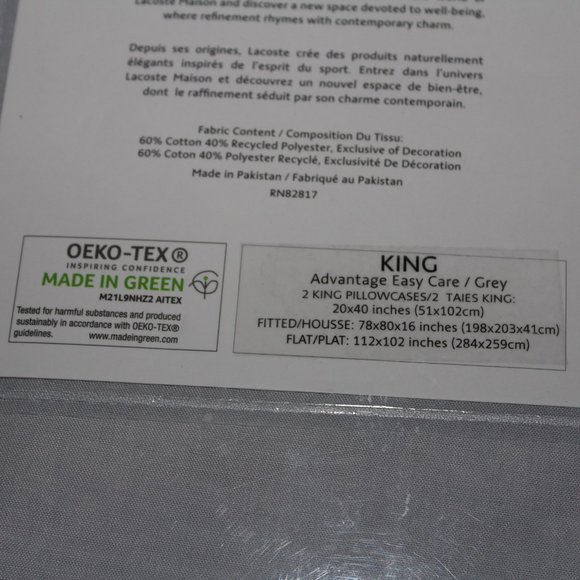 Lacoste Solid Sheet 4 Piece Grey 60% Cotton 40% Blended Polyester - Picture 6 of 12